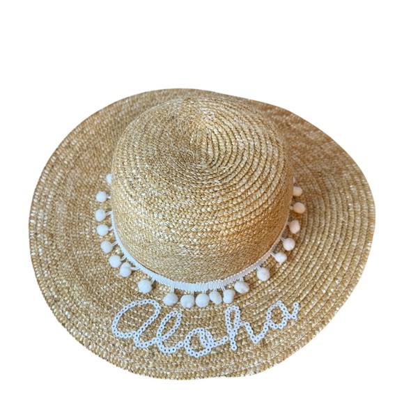 David And Young Aloha Pom Pom Packable Straw Beach Hat - Picture 1 of 4
